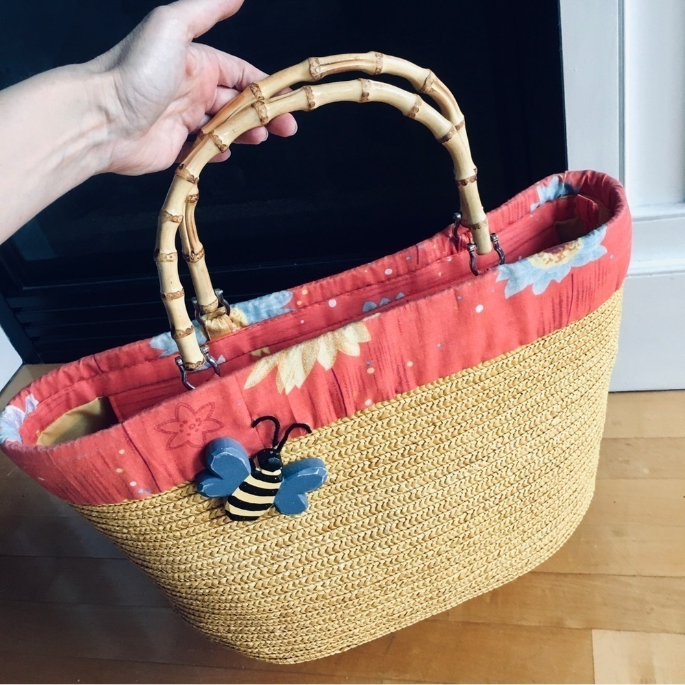 Oversized Bumble Bee + Floral Straw Open Tote Bag, Bamboo Handles, Colorful
